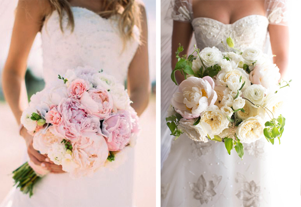 Beautiful white peony flower in the hand of the bride